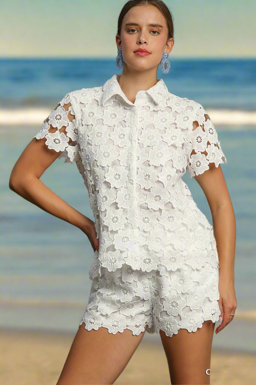 PERIWINKLE FLORAL LACE BUTTON DOWN TOP