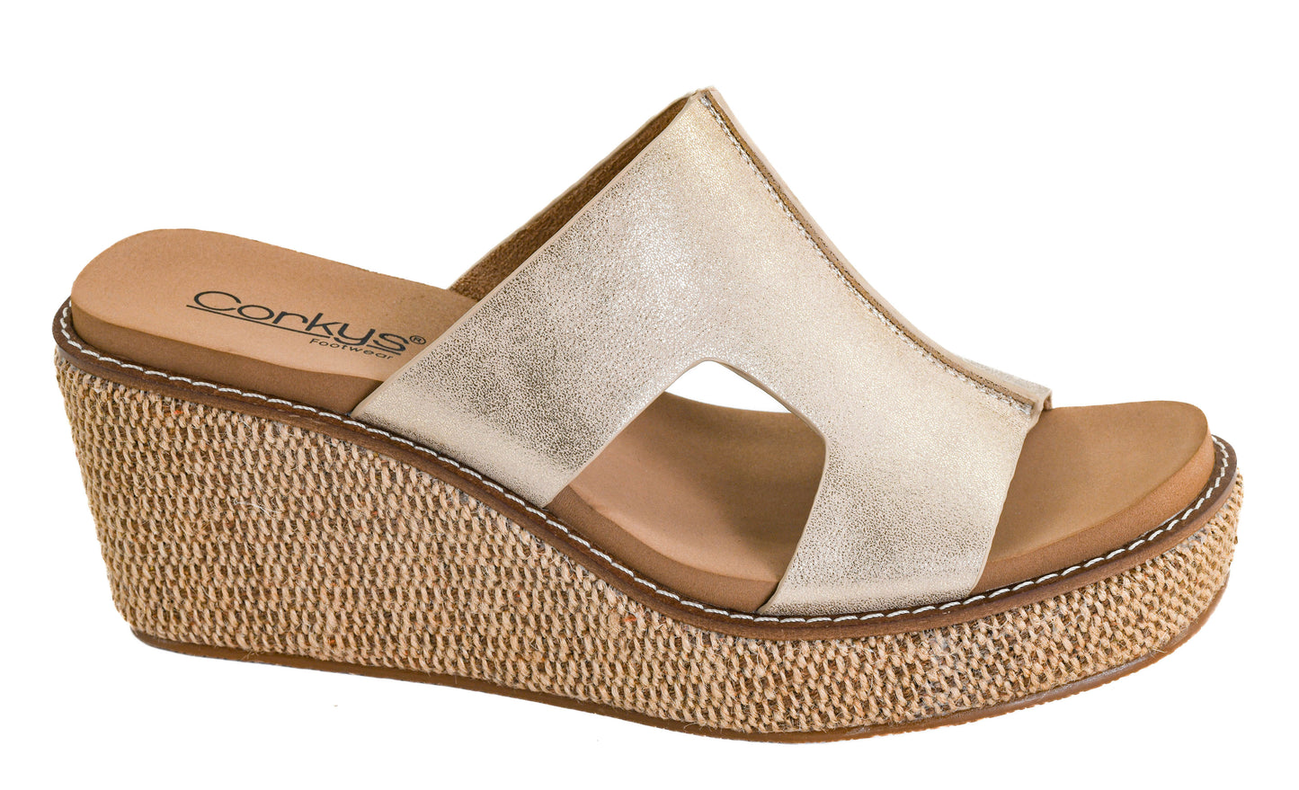 CORKYS: KISS N' TELL - WASHED GOLD METALLIC WEDGE SANDAL