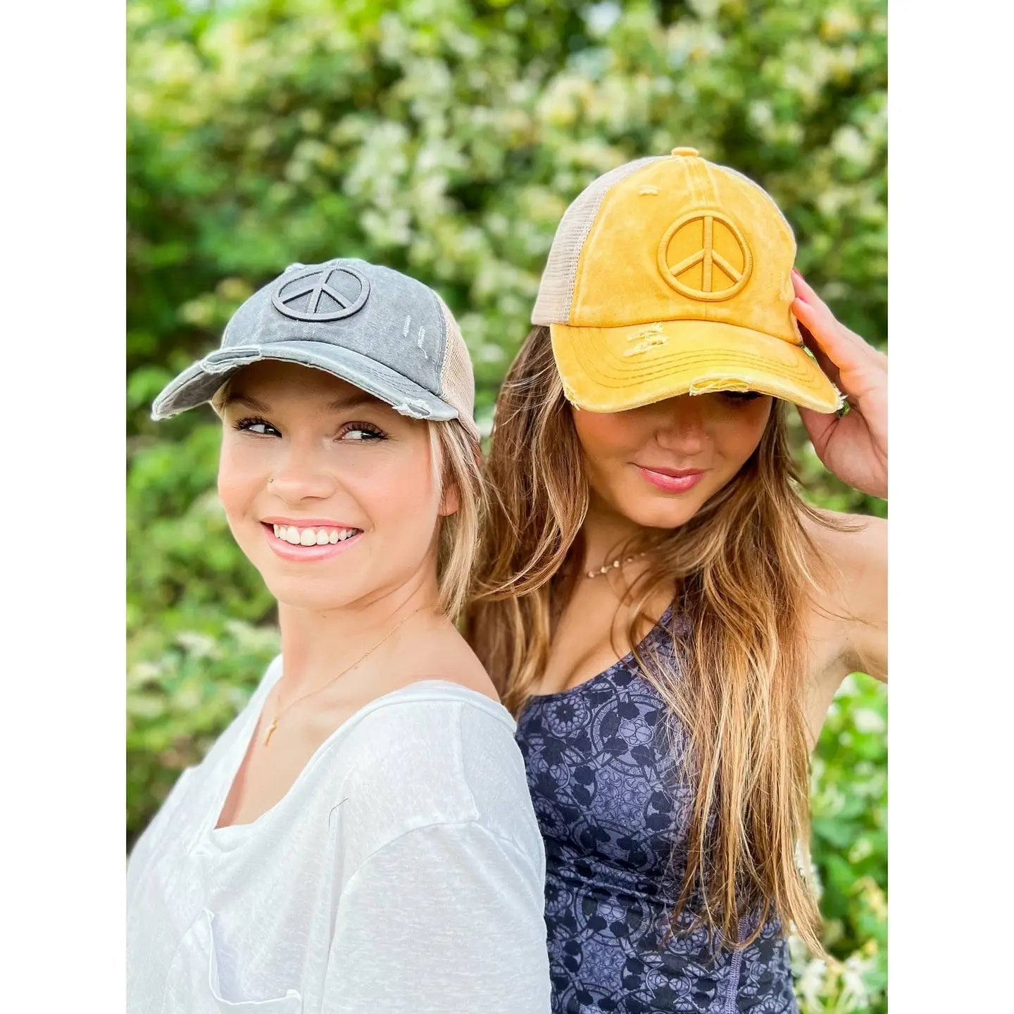 EMBROIDERED PEACE SIGN PONYTAIL HATS