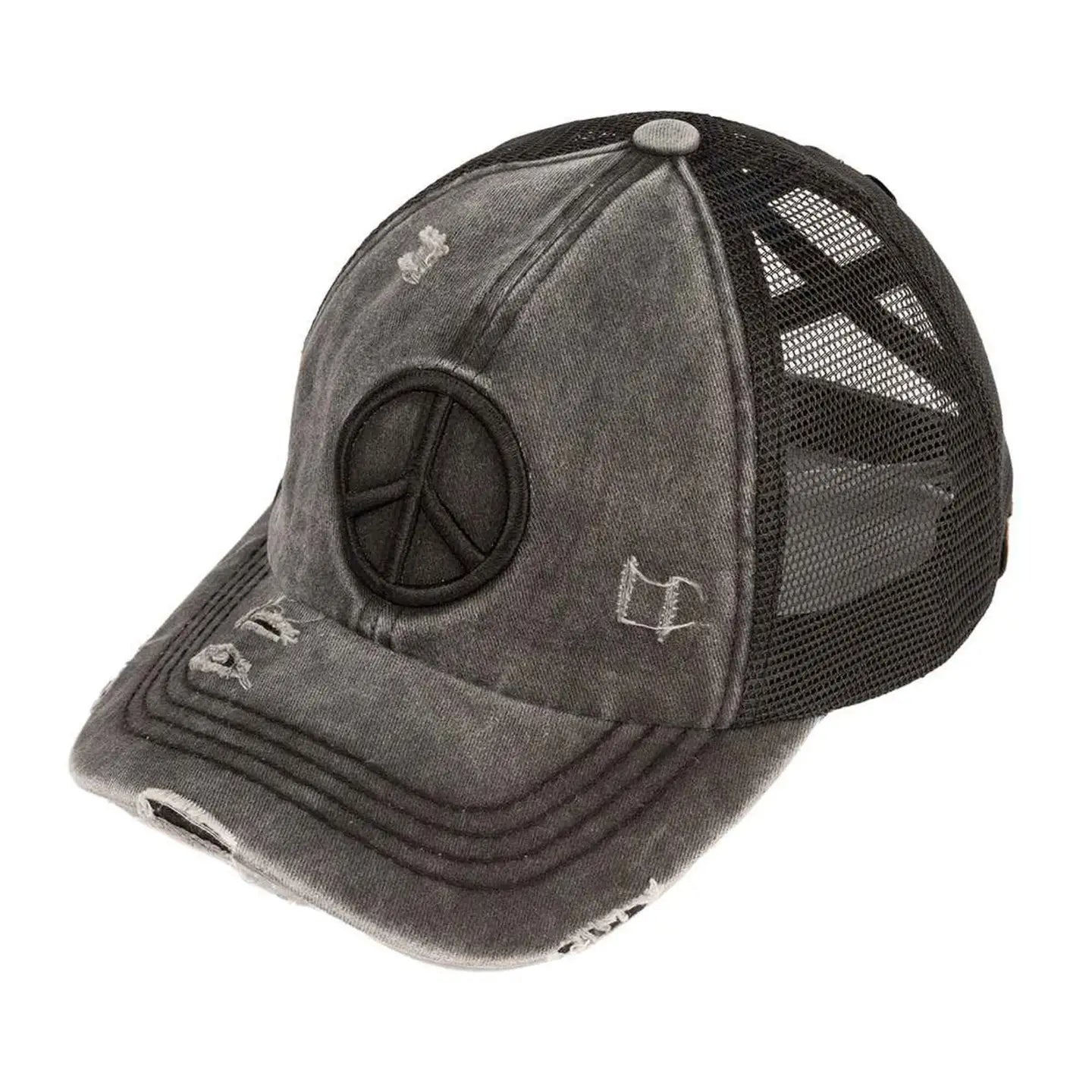 EMBROIDERED PEACE SIGN PONYTAIL HATS