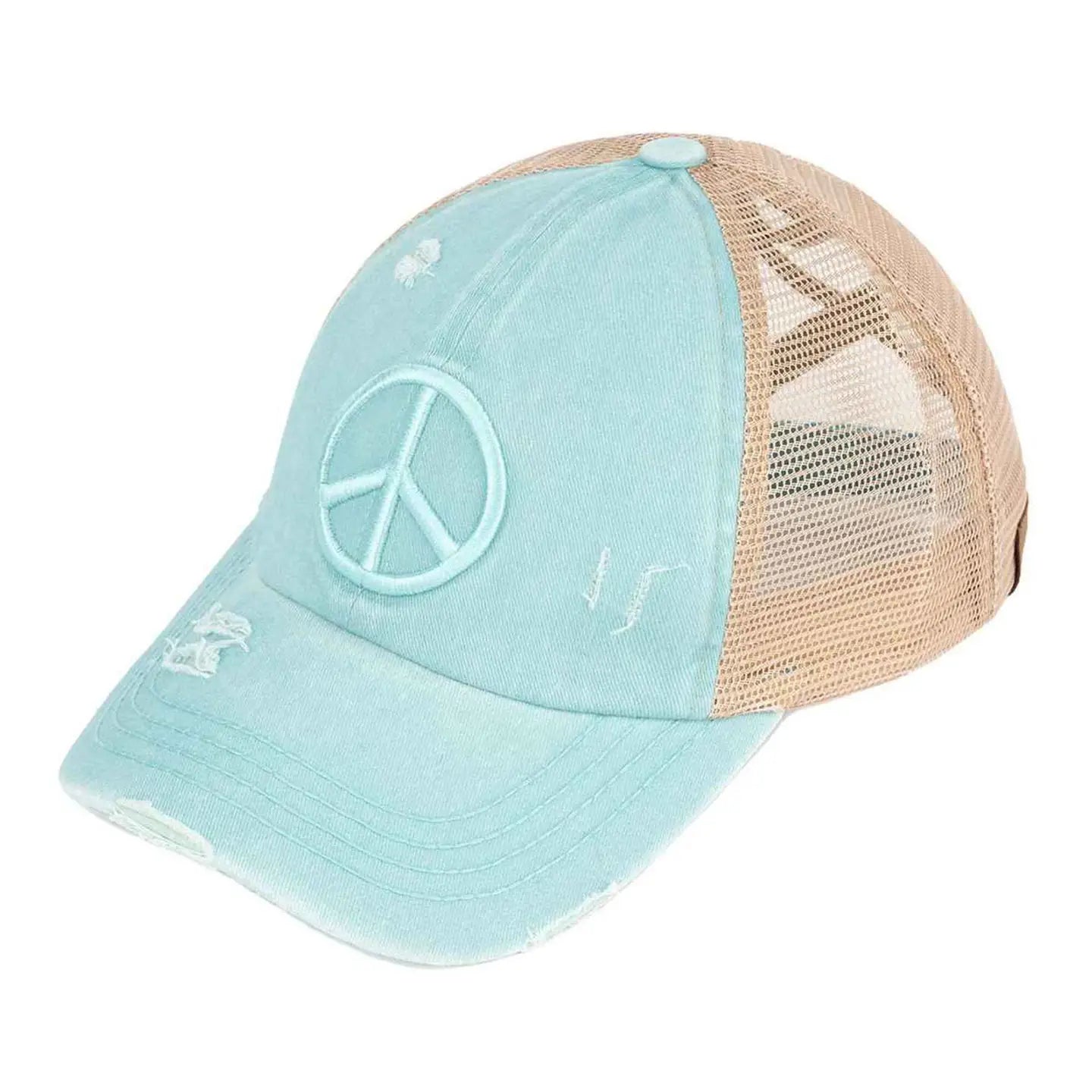 EMBROIDERED PEACE SIGN PONYTAIL HATS
