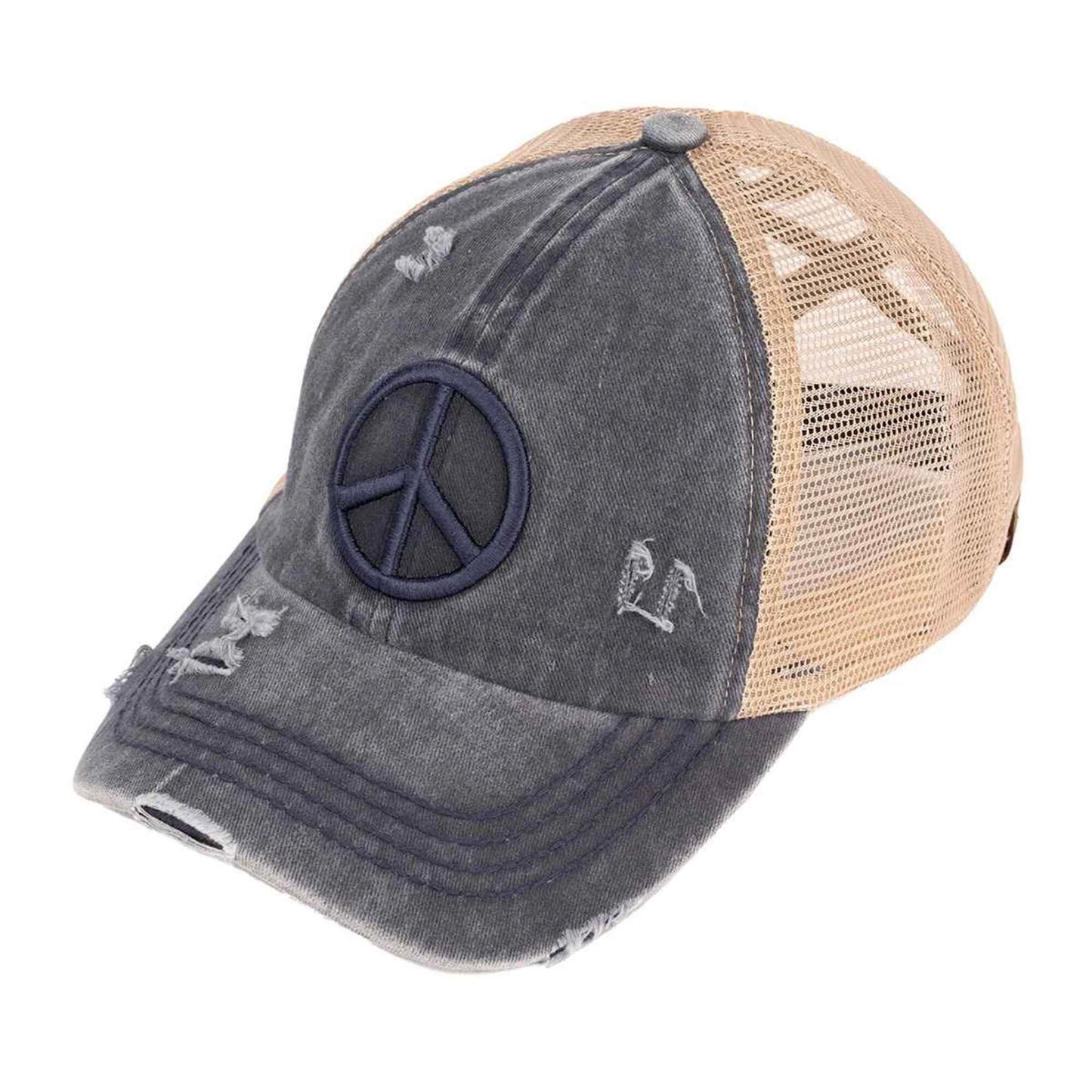EMBROIDERED PEACE SIGN PONYTAIL HATS
