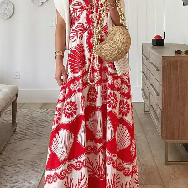 RESORT STYLE SEASHELL PRINT MAXI DRESS
