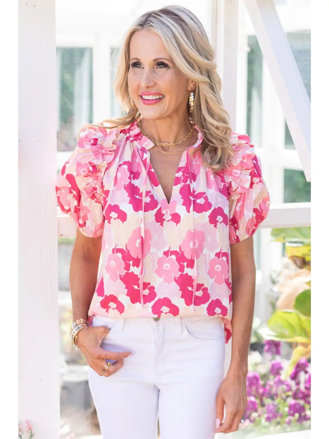 MEGAN FLORAL SPLIT NECK TOP