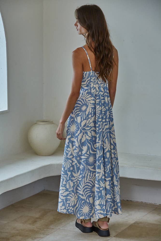 TROPICAL LINEN PRINT MIDI DRESS