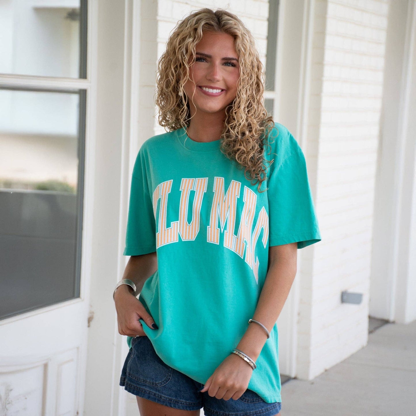 LULU MAC STRIPE ADULT CREAM SICKLE SKY/ISLAND GREEN COMFORT COLORS TEE