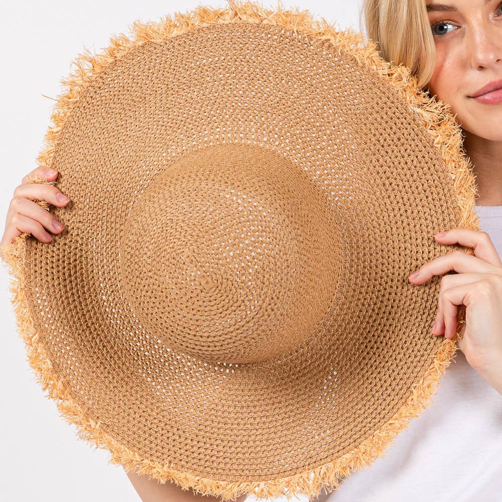 JACKIE FRAYED EDGE FLOPPY STRAW SUN HAT