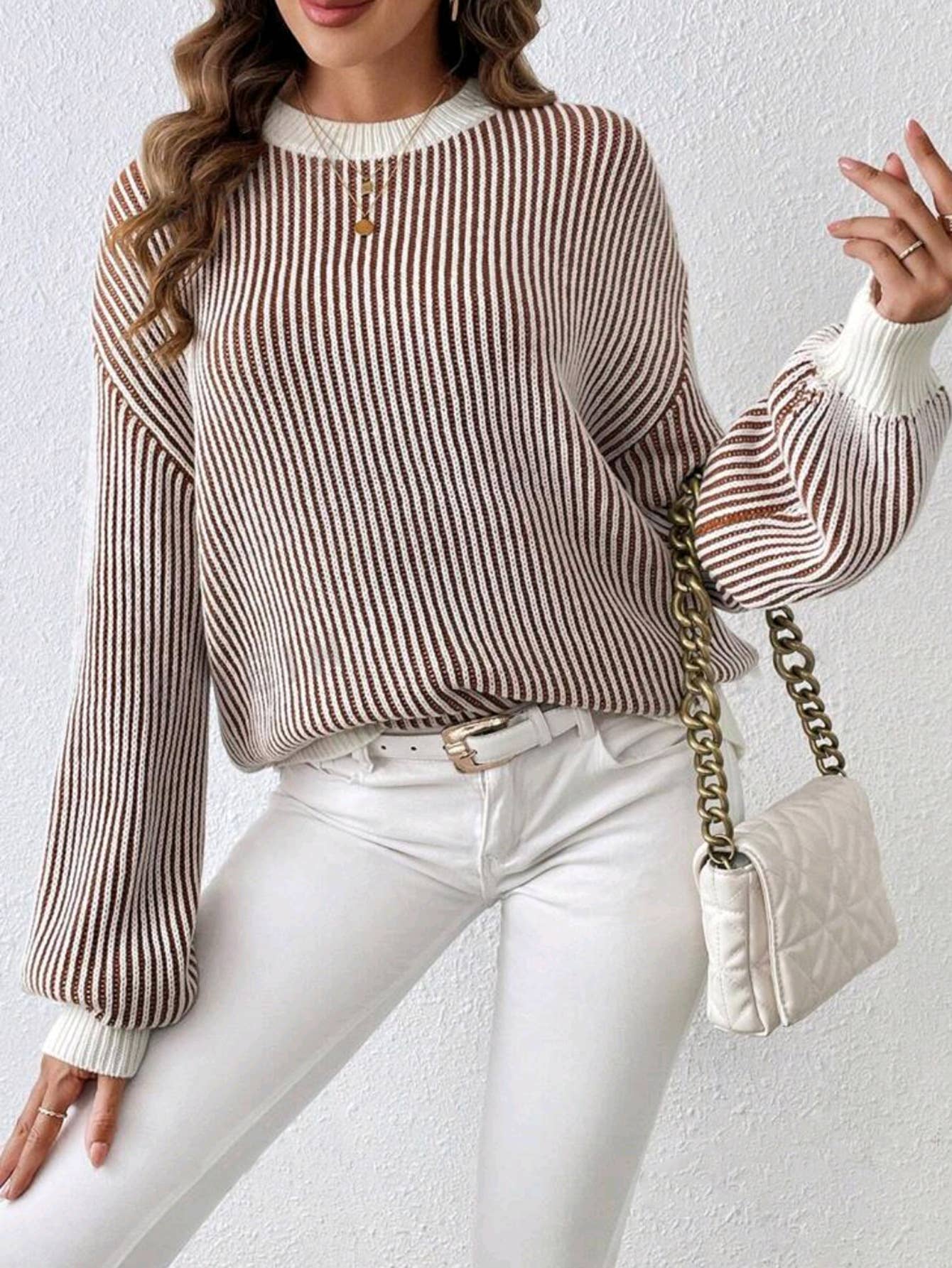 BALLOON SLEEVE RIBBED KNIT SWEATER