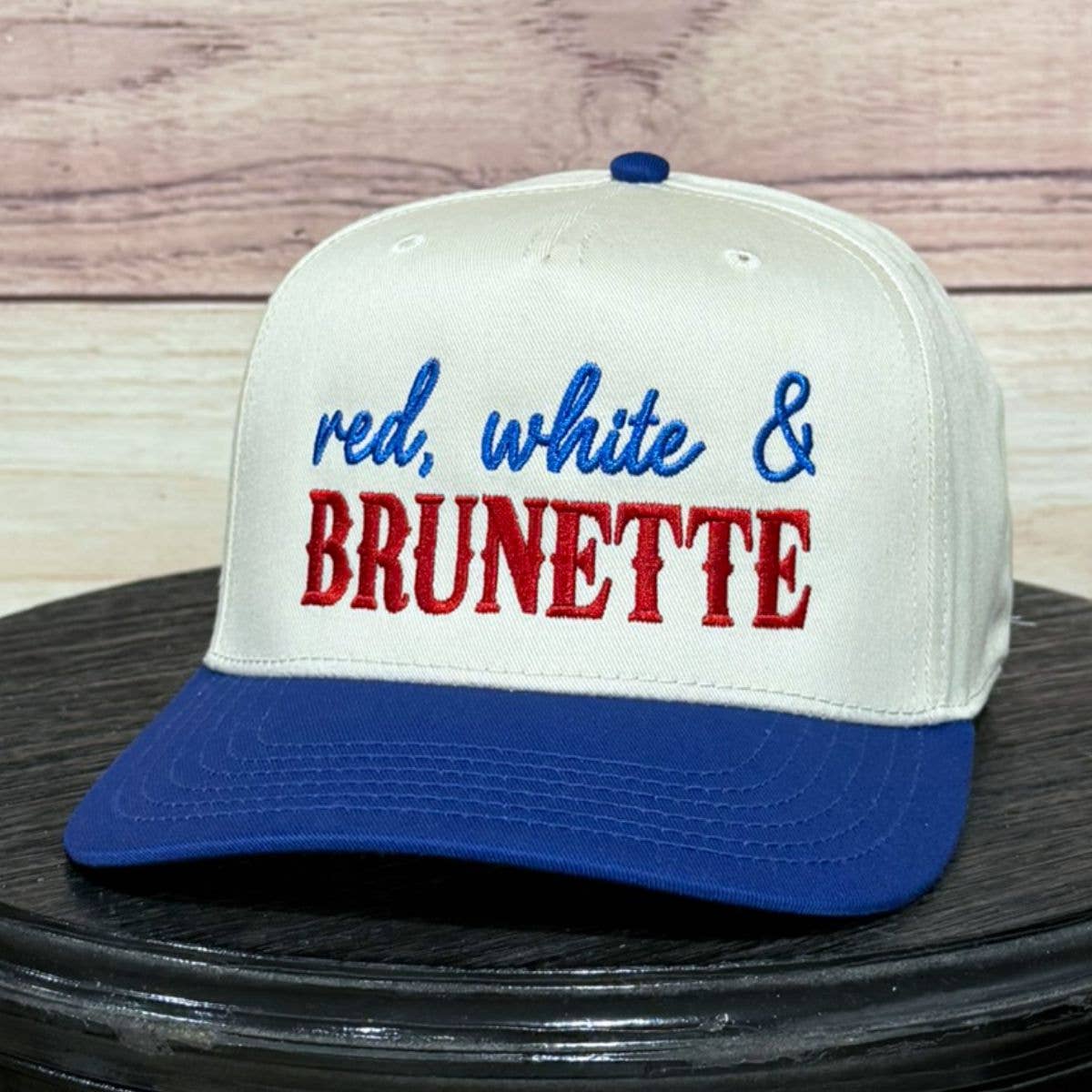 RED, WHITE, AND BRUNETTE EMBROIDERED HAT