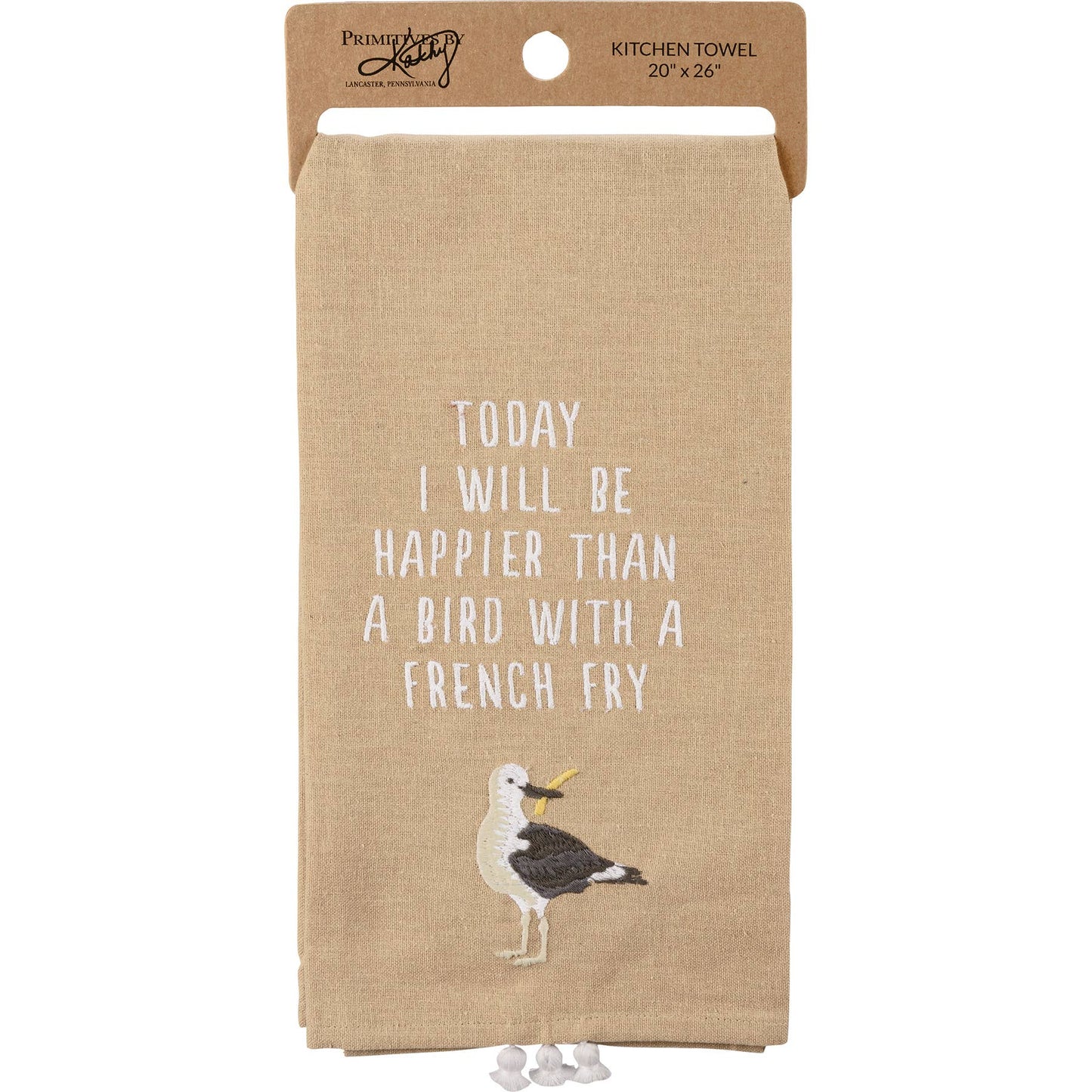 A BIRD WITH A FRENCH FRY KITCHEN TOWEL