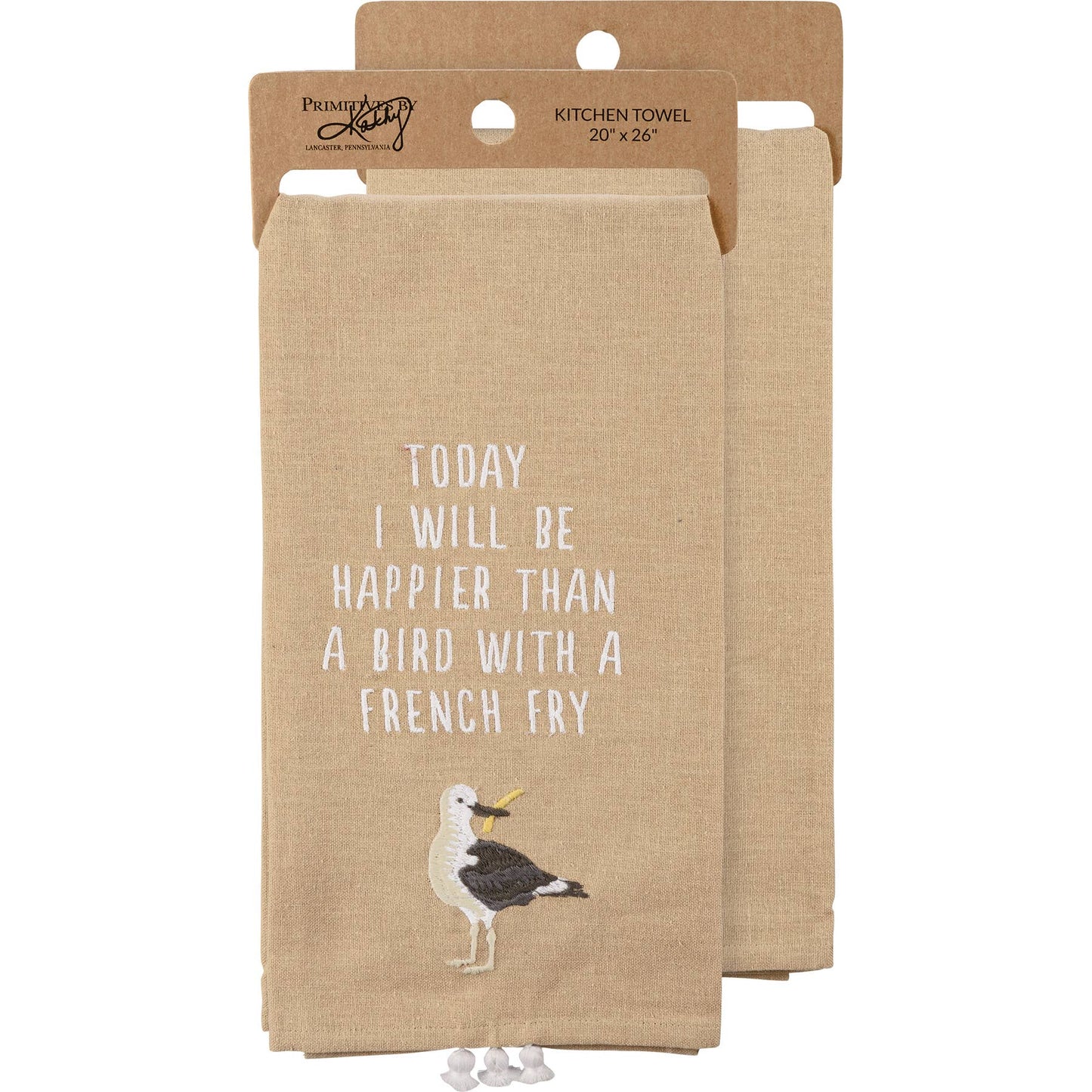 A BIRD WITH A FRENCH FRY KITCHEN TOWEL