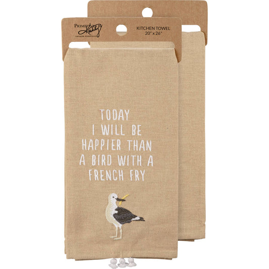 A BIRD WITH A FRENCH FRY KITCHEN TOWEL