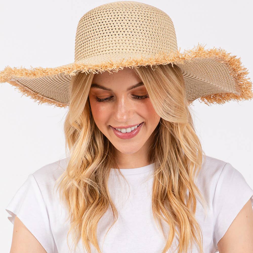 JACKIE FRAYED EDGE FLOPPY STRAW SUN HAT