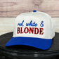 RED, WHITE, AND BLONDE EMBROIDERED HAT