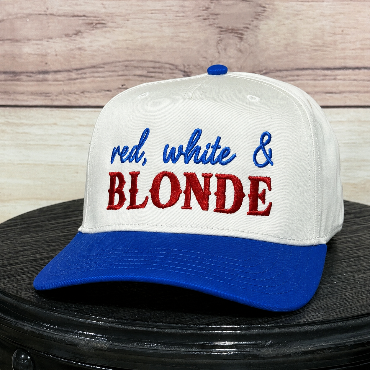 RED, WHITE, AND BLONDE EMBROIDERED HAT