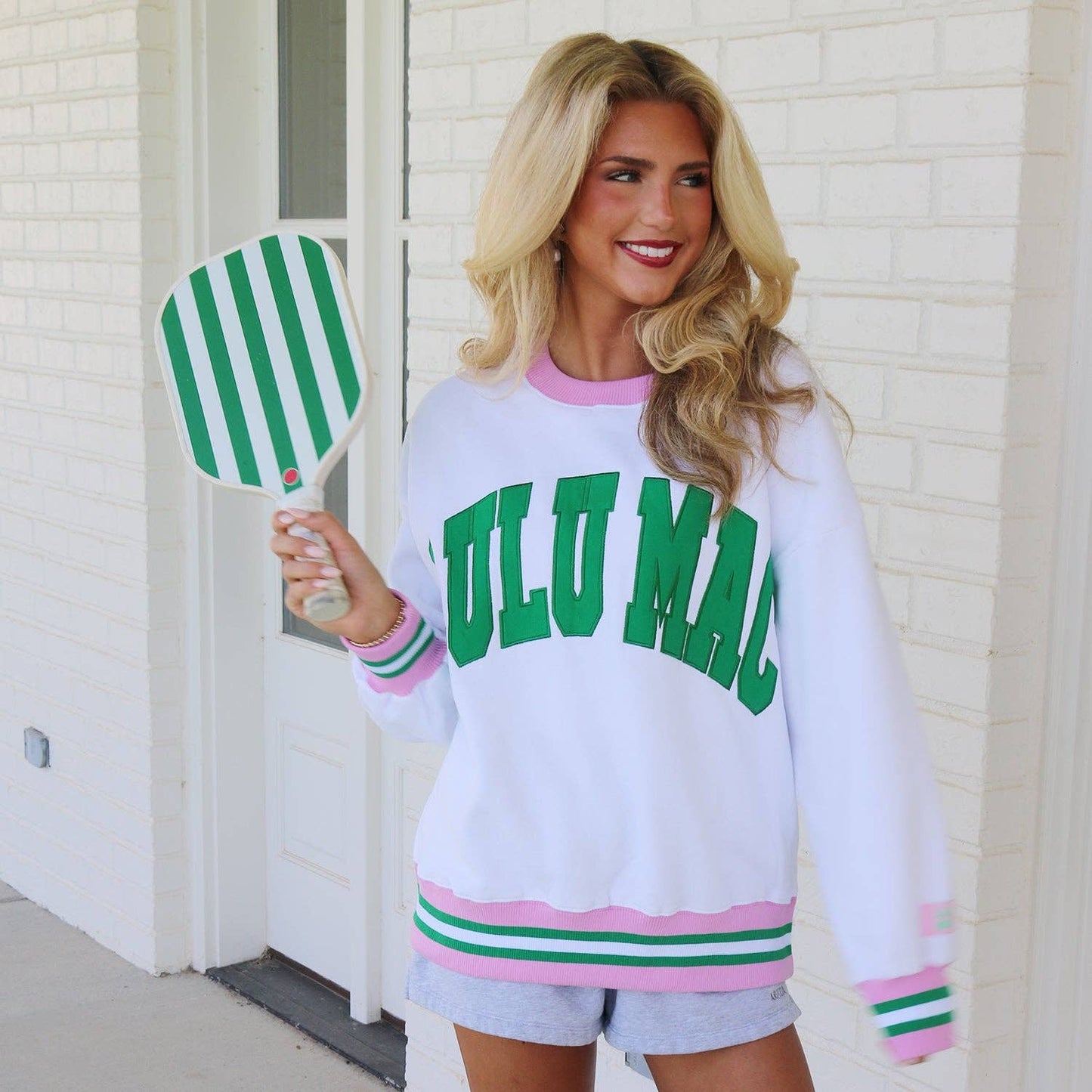 LULU MAC WHITE/GREEN STITCH SWEATSHIRT