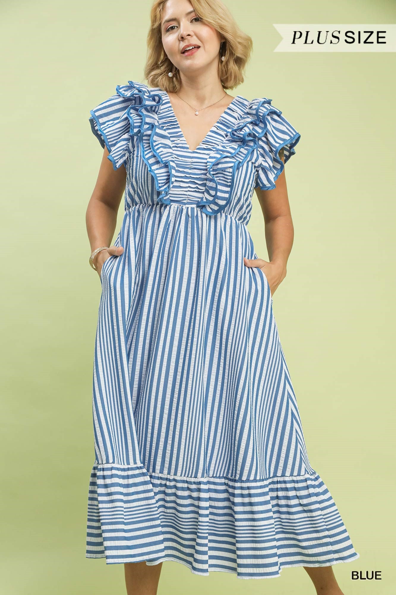 TASHA STRIPED RUFFLE MIDI DRESS