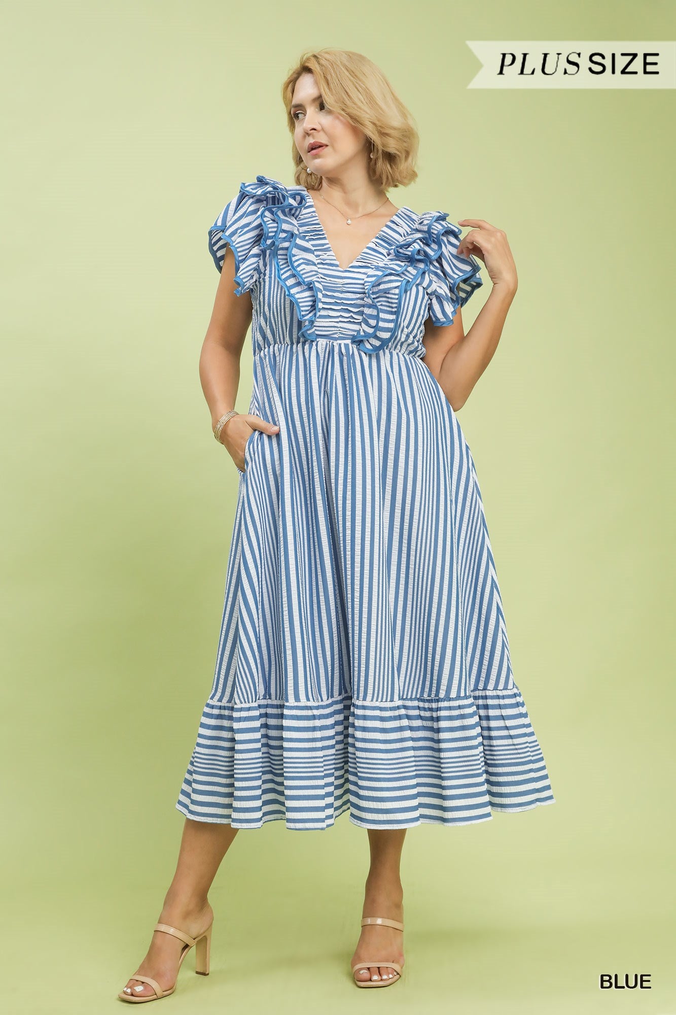 TASHA STRIPED RUFFLE MIDI DRESS