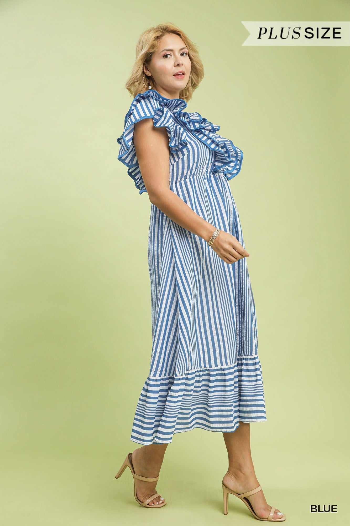 TASHA STRIPED RUFFLE MIDI DRESS