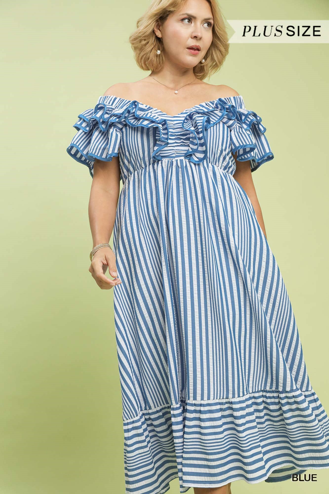 TASHA STRIPED RUFFLE MIDI DRESS