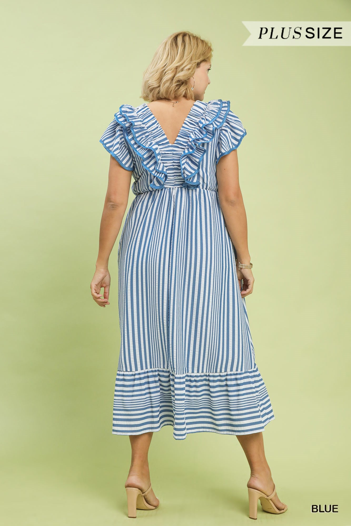 TASHA STRIPED RUFFLE MIDI DRESS