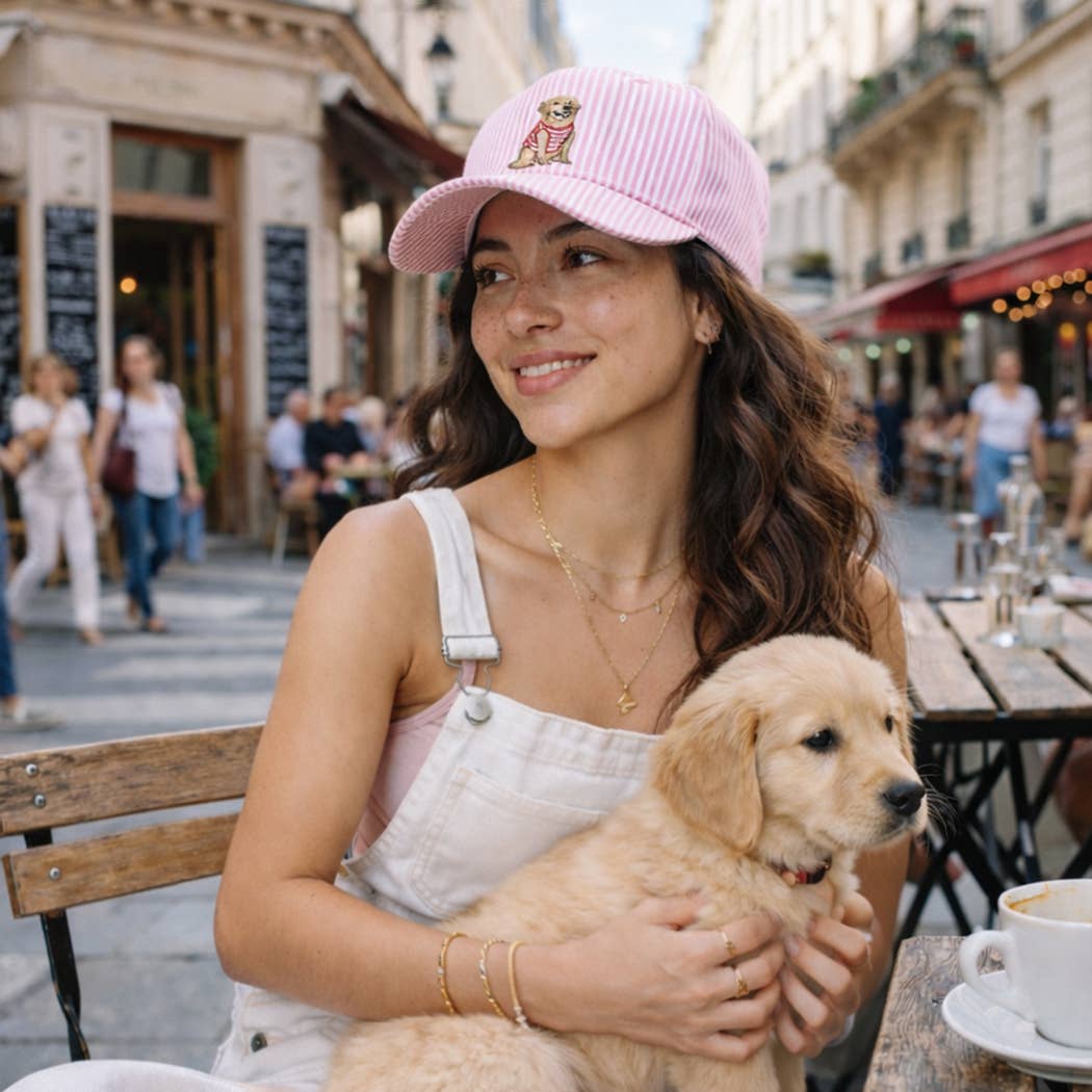 Golden Retriever Embroidered Seersucker Stripe Trucker Hat