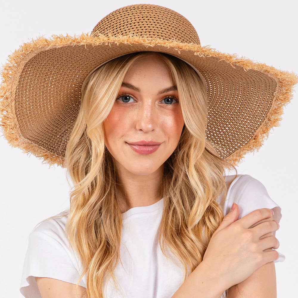 JACKIE FRAYED EDGE FLOPPY STRAW SUN HAT
