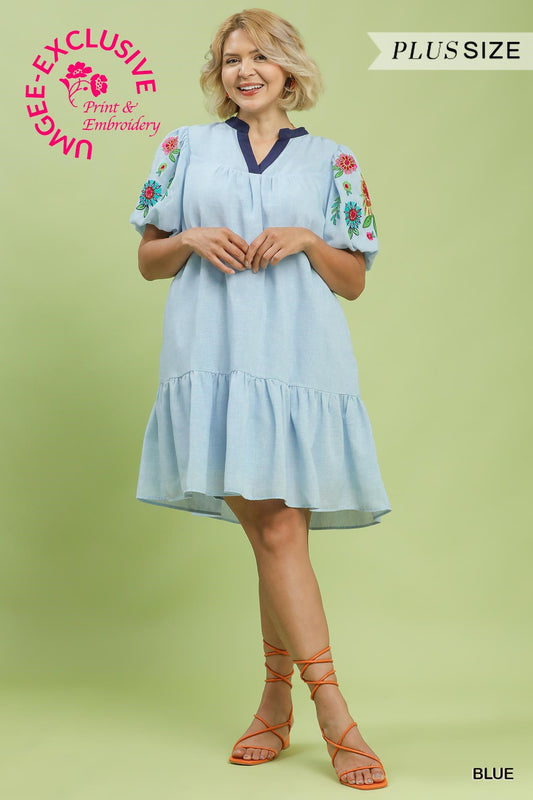 BETH FLORAL SLEEVE LINEN DRESS