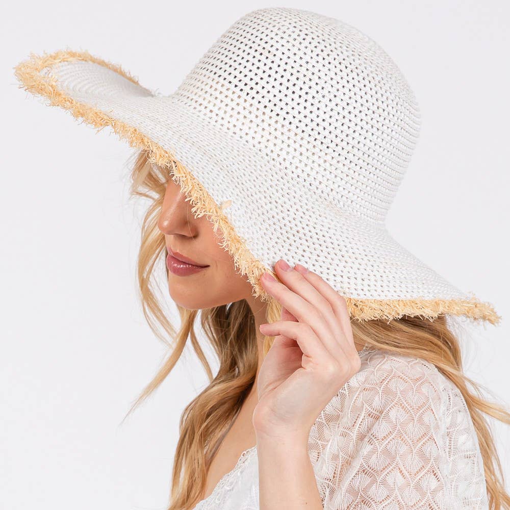 JACKIE FRAYED EDGE FLOPPY STRAW SUN HAT