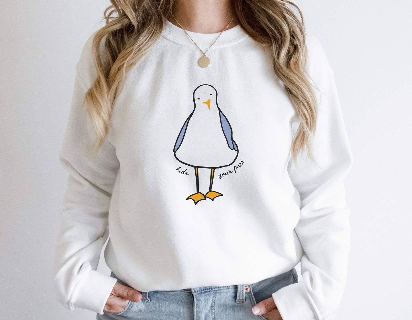 HIDE YOUR FRIES - FUNNY SEAGULL GRAPHIC CREWNECK SWEATSHIRT