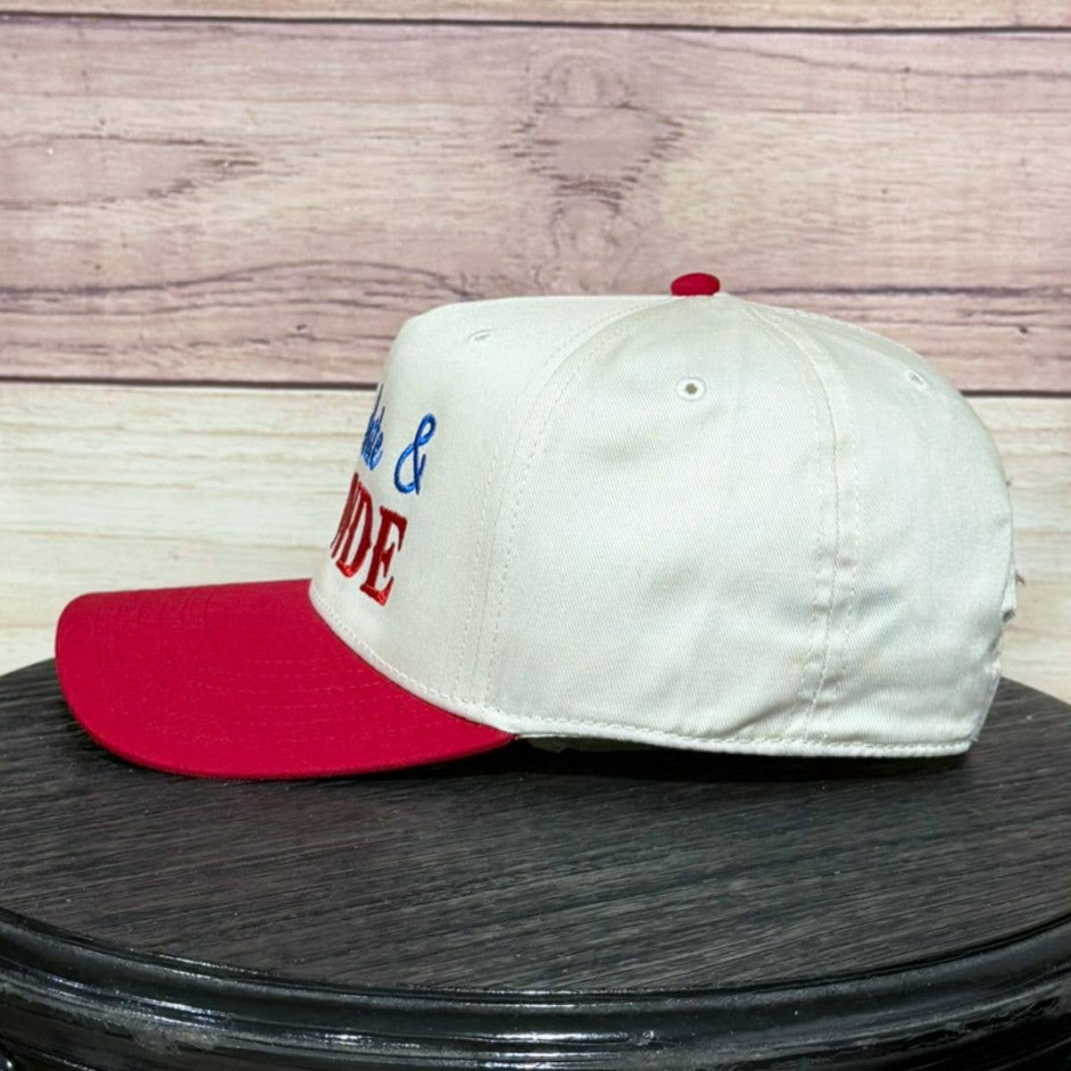 RED, WHITE, AND BLONDE EMBROIDERED HAT