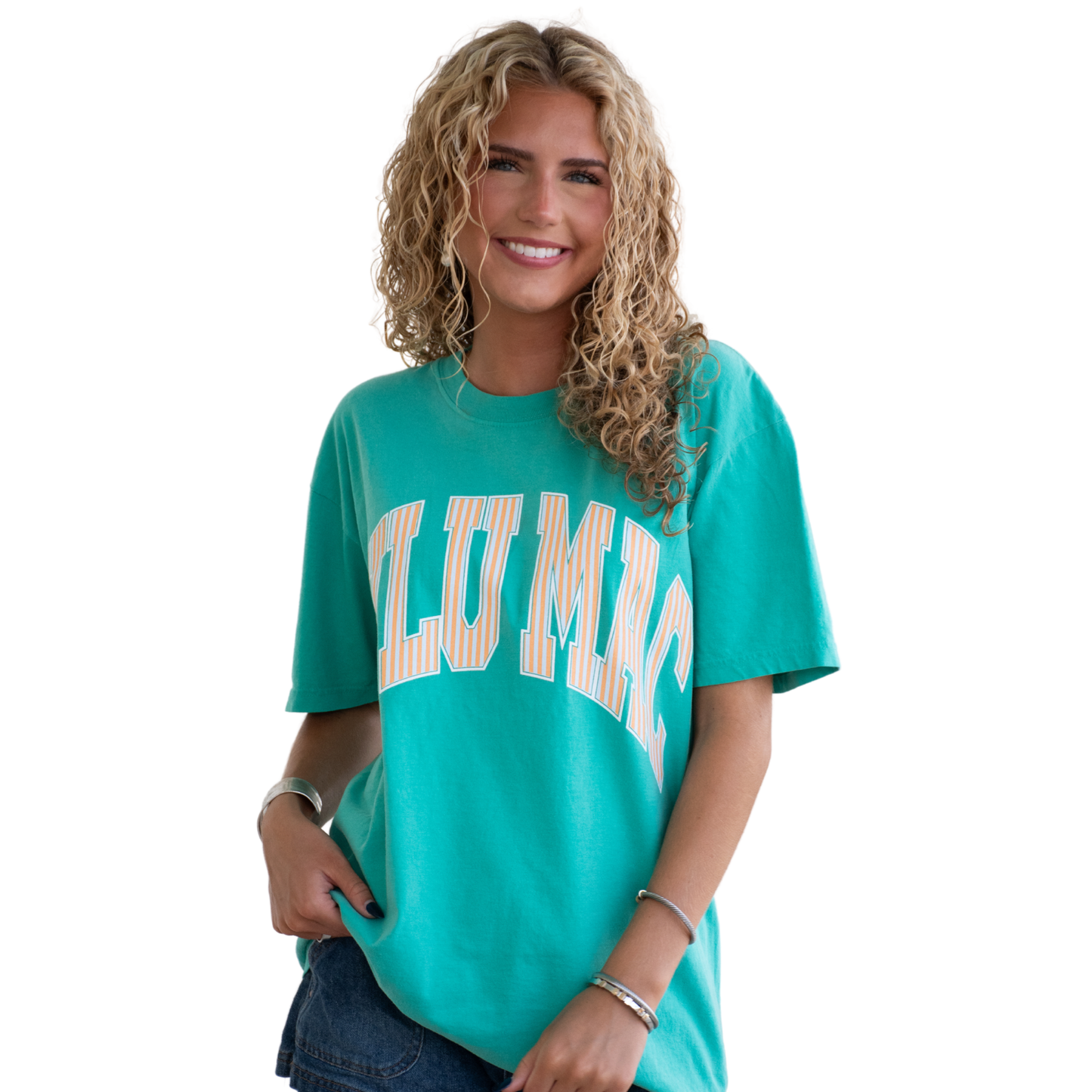 LULU MAC STRIPE ADULT CREAM SICKLE SKY/ISLAND GREEN COMFORT COLORS TEE