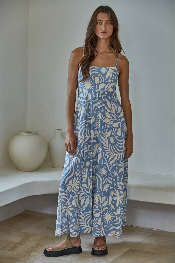 TROPICAL LINEN PRINT MIDI DRESS