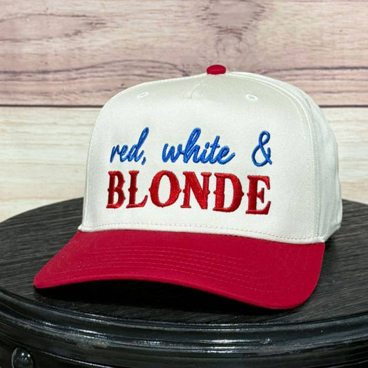 RED, WHITE, AND BLONDE EMBROIDERED HAT