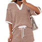 Striped Knit Two Piece Set Collared Top Drawstring Shorts