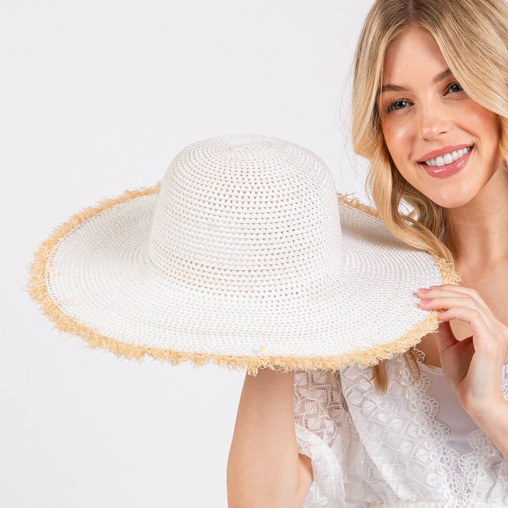 JACKIE FRAYED EDGE FLOPPY STRAW SUN HAT