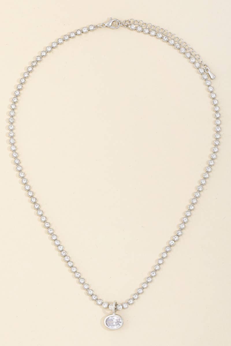 BEZEL OVAL PENDANT TENNIS CHAIN NECKLACE