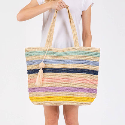 POM POM TASSEL MULTI-STRIPE TOTE BEACH BAG
