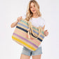 POM POM TASSEL MULTI-STRIPE TOTE BEACH BAG