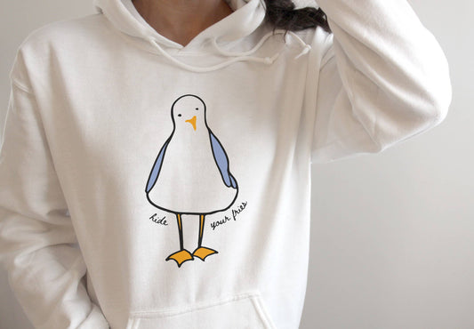 HIDE YOUR FRIES - FUNNY SEAGULL GRAPHIC HOODIE
