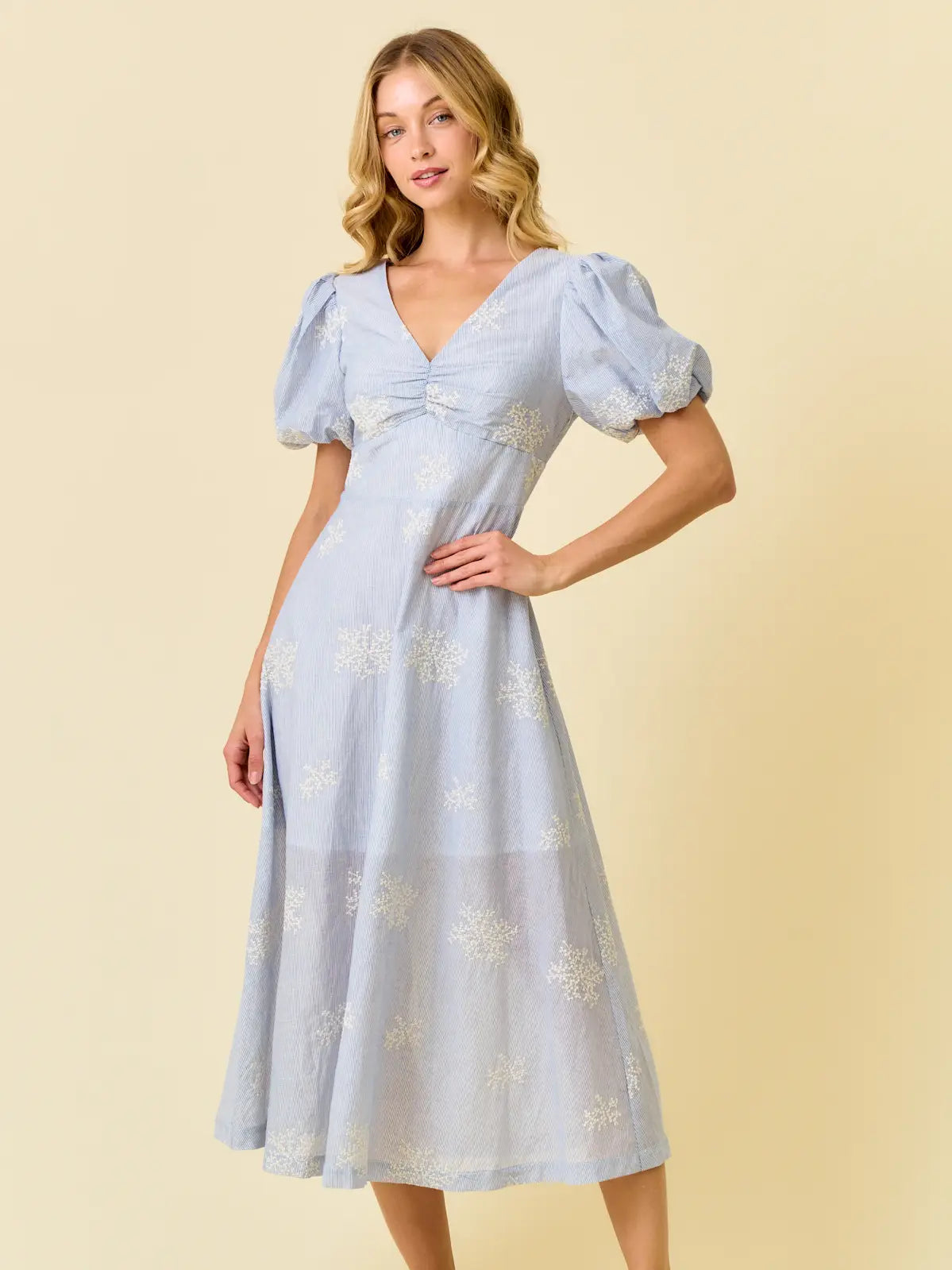 APRIL EMBROIDERED PUFF SLEEVE MIDI DRESS