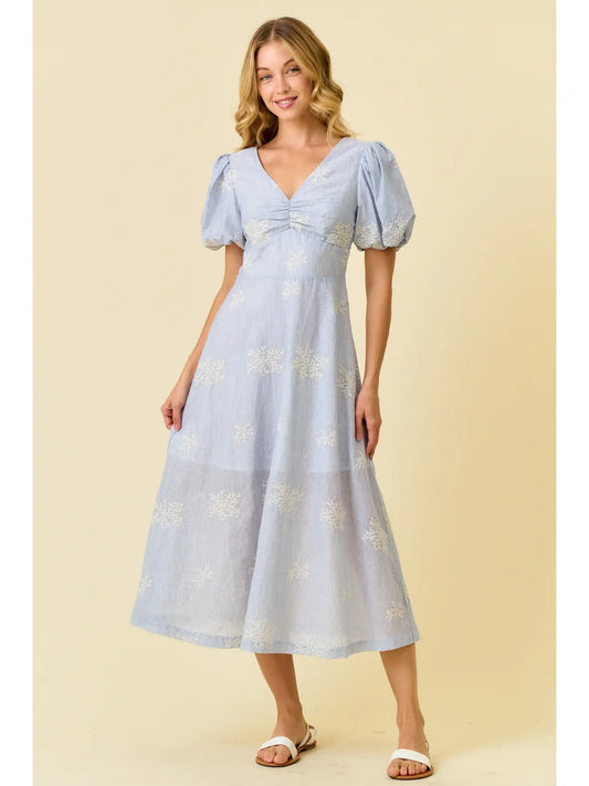 APRIL EMBROIDERED PUFF SLEEVE MIDI DRESS