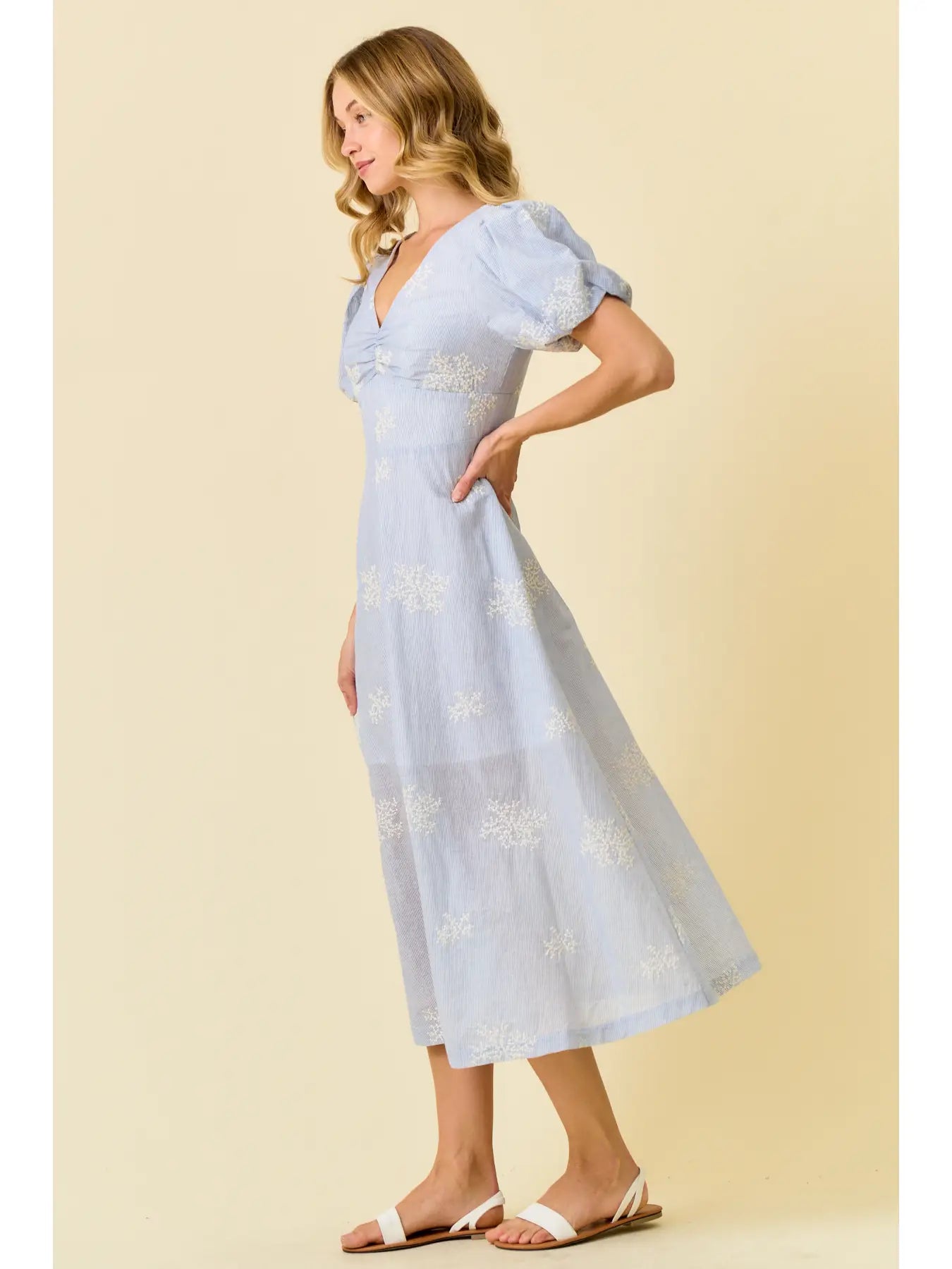 APRIL EMBROIDERED PUFF SLEEVE MIDI DRESS