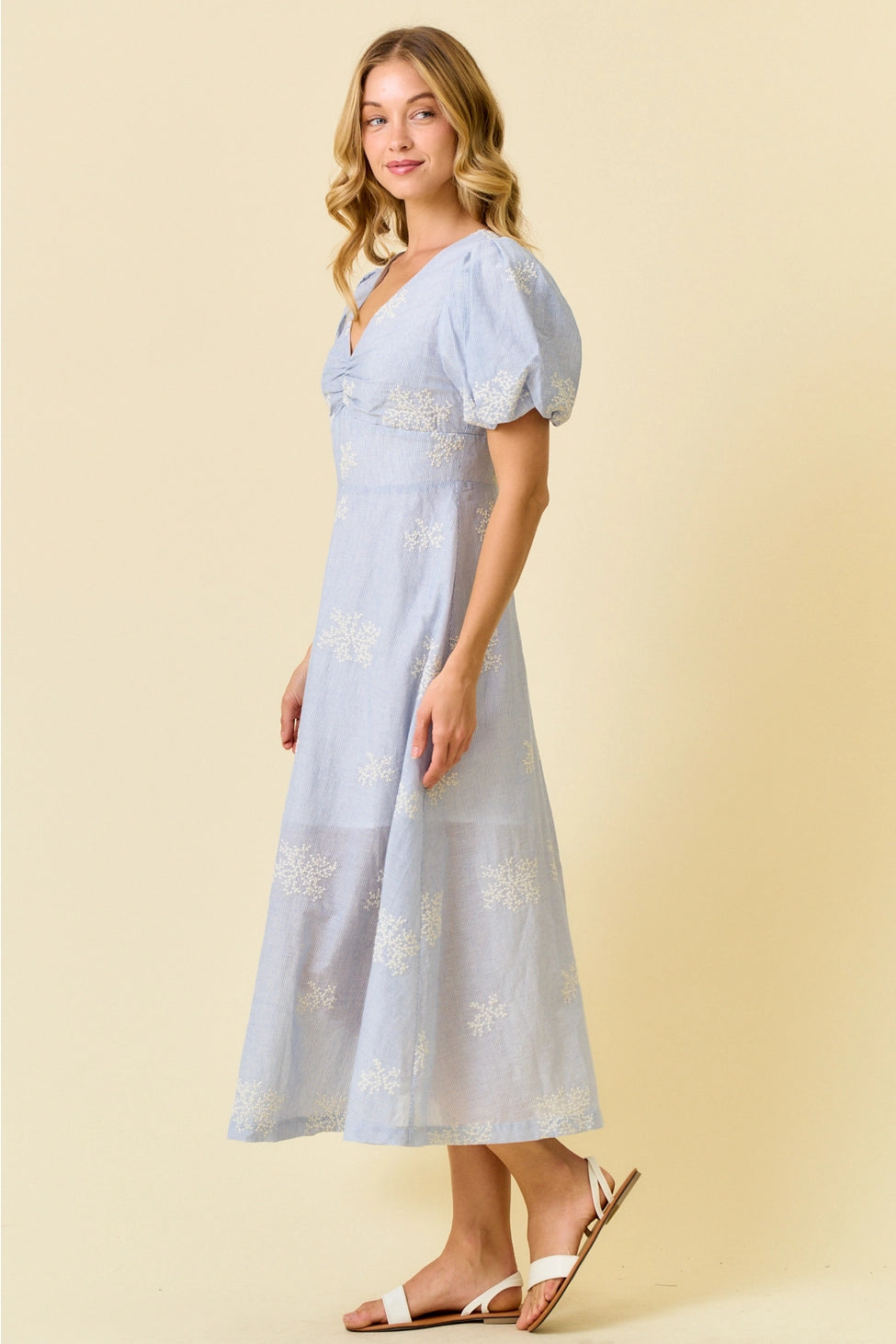 APRIL EMBROIDERED PUFF SLEEVE MIDI DRESS
