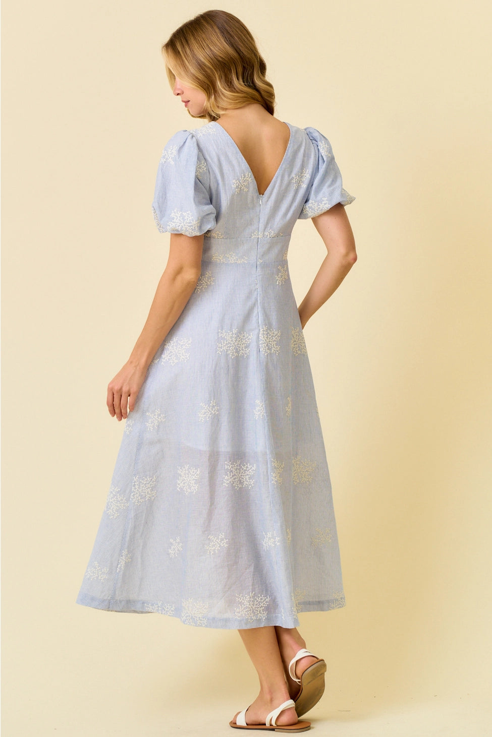 APRIL EMBROIDERED PUFF SLEEVE MIDI DRESS