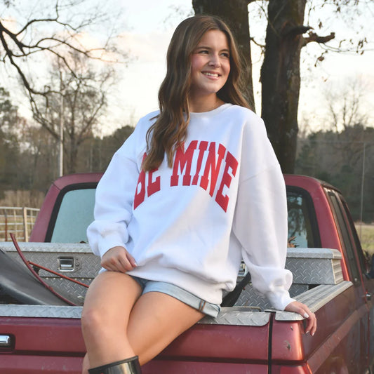 LULU MAC BE MINE WHITE W/ RED PUFF LETTERS SWEATSHIRT