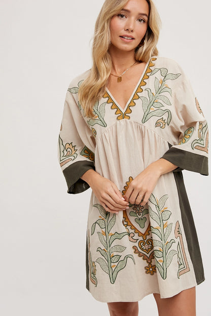 BOHO EMBROIDERED BABYDOLL DRESS