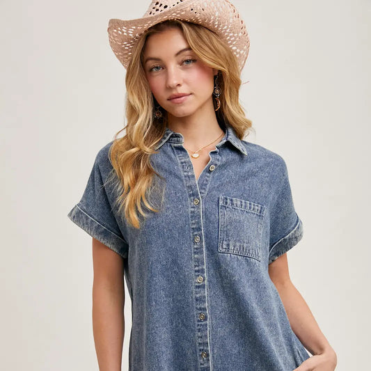 FRAYED HEM DENIM SHIRT DRESS