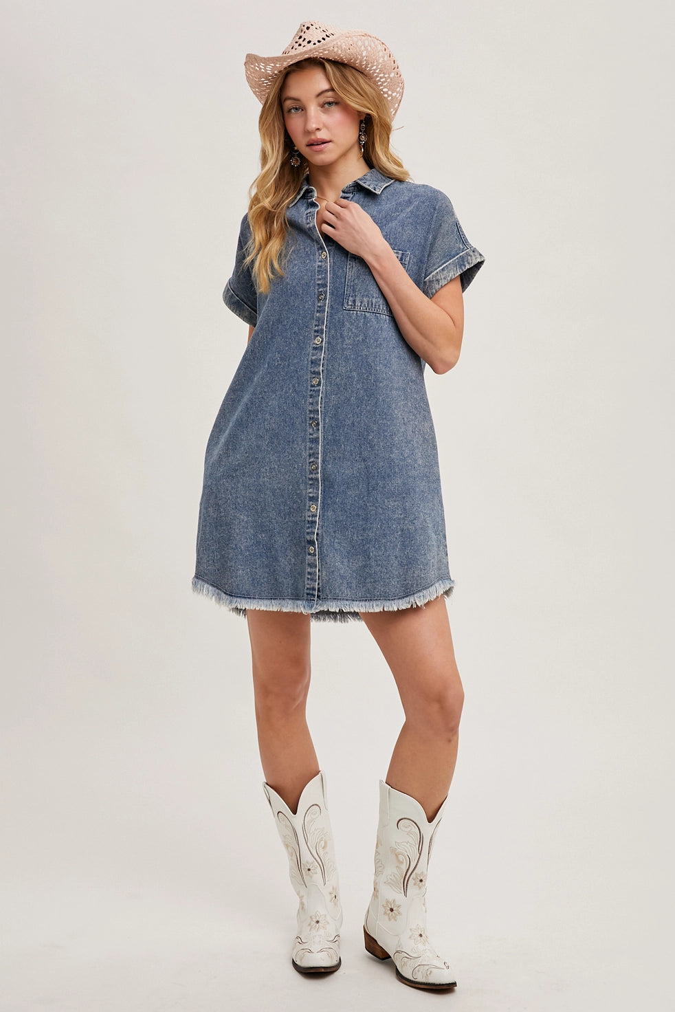 FRAYED HEM DENIM SHIRT DRESS