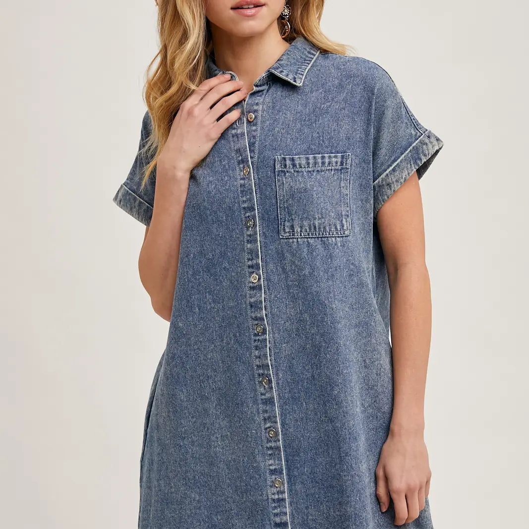 FRAYED HEM DENIM SHIRT DRESS